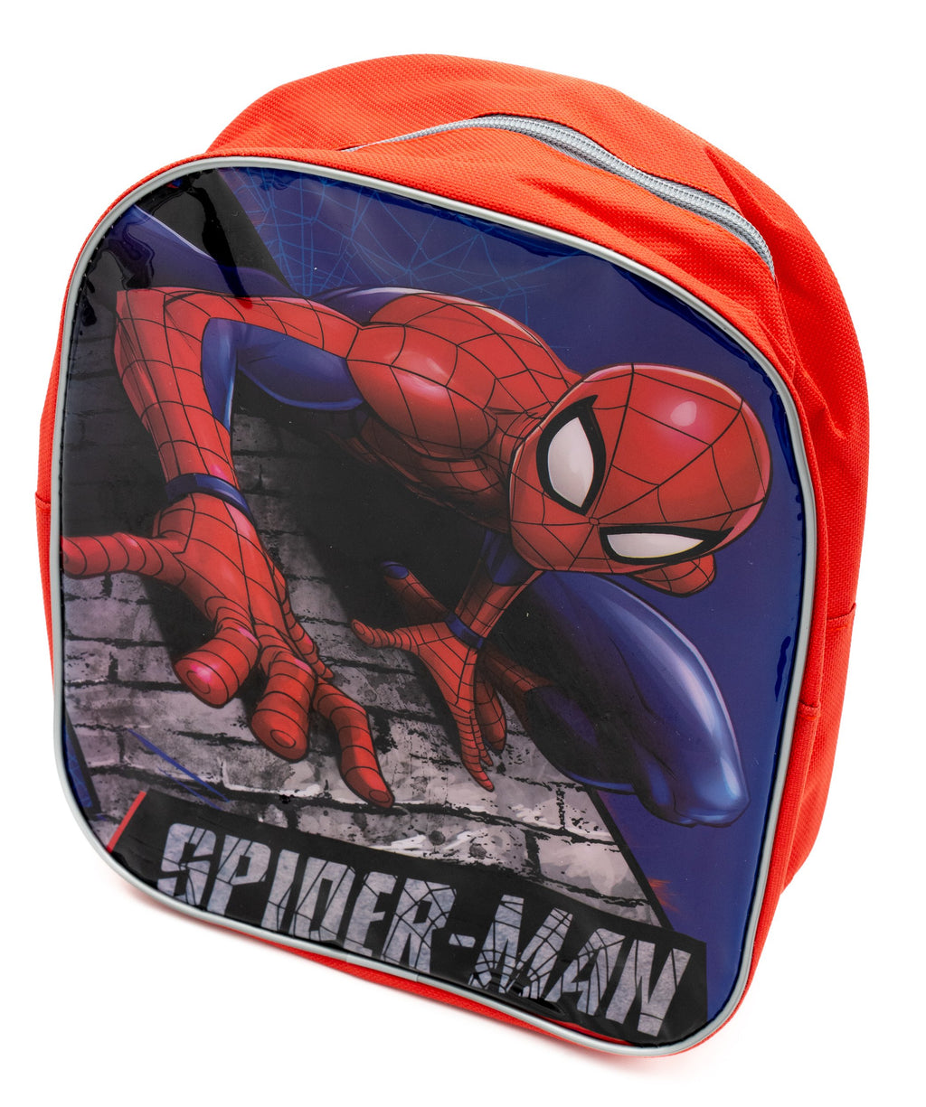 Mochila vermelha do Spiderman com painel frontal brilhante e fecho de correr superior cinzento.
