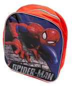 Mochila vermelha do Spiderman com painel frontal brilhante e fecho de correr superior cinzento.