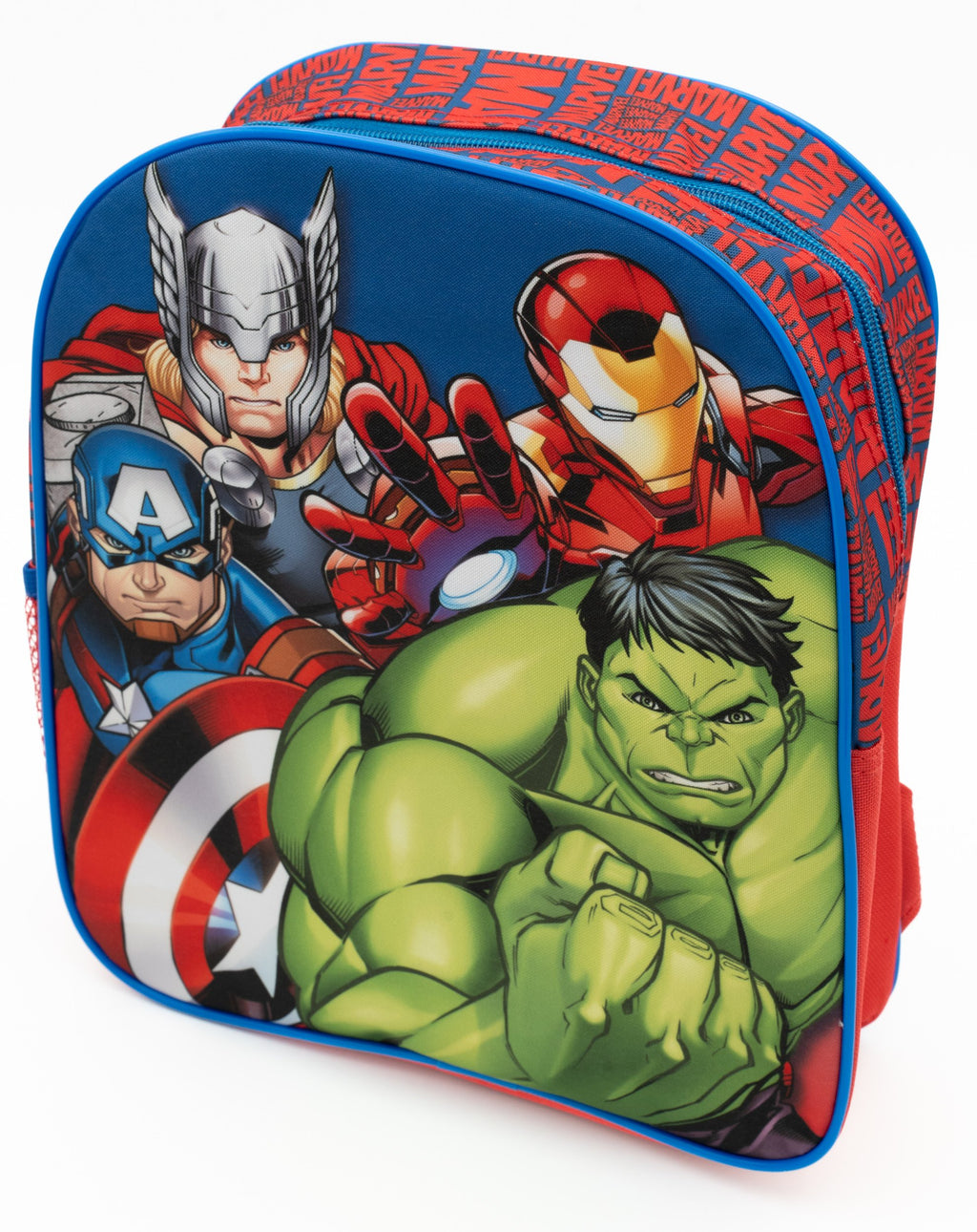 Mochila azul dos Vingadores com Thor, Iron Man, Capitão América e Hulk na parte da frente.