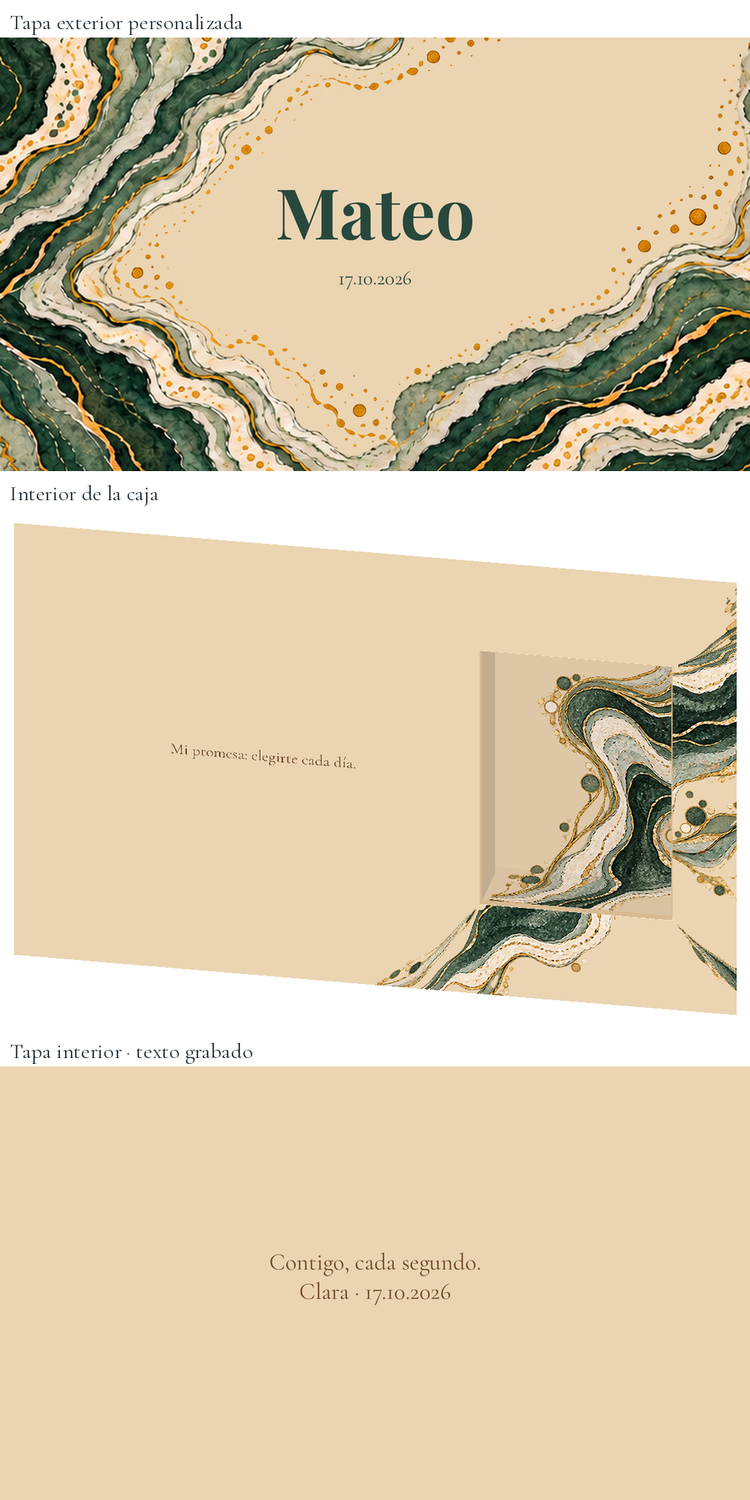 Vista digital: Caixa de relógio personalizada para o noivo — Ónix y jade. Caixa de madeira de 24 × 16 cm; relógio não incluído.