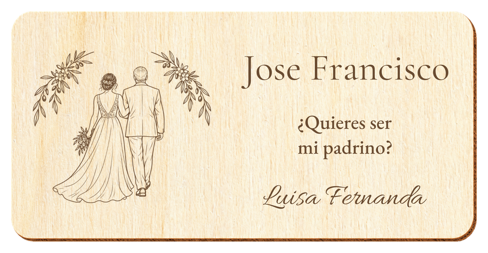 Simulação de placa para padrinho de casamento, gravada a laser em contraplacado, cena Acompanhamento ao altar, Jose Francisco e Luisa Fernanda, figuras de costas sem rostos.