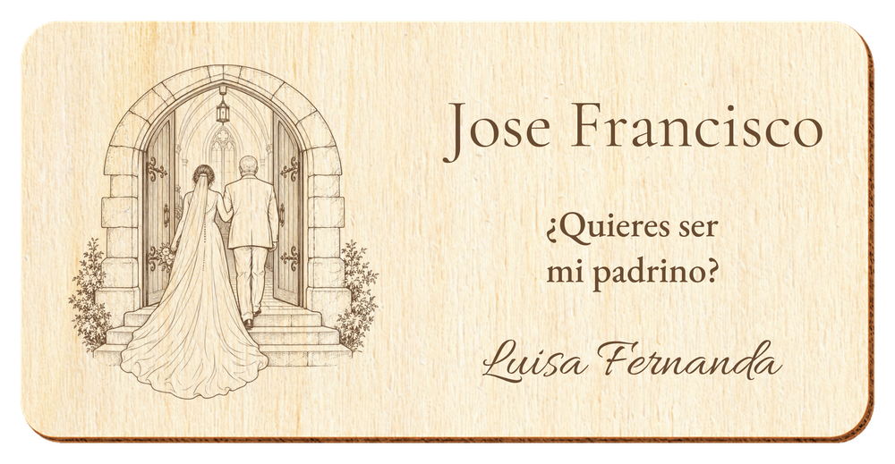 Simulação de placa para padrinho de casamento, gravada a laser em contraplacado, cena Entrada na igreja, Jose Francisco e Luisa Fernanda, figuras de costas sem rostos.