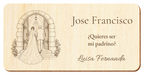 Simulação de placa para padrinho de casamento, gravada a laser em contraplacado, cena Entrada na igreja, Jose Francisco e Luisa Fernanda, figuras de costas sem rostos.