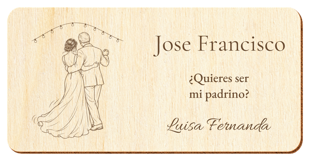 Simulação de placa para padrinho de casamento, gravada a laser em contraplacado, cena A primeira dança, Jose Francisco e Luisa Fernanda, figuras de costas sem rostos.
