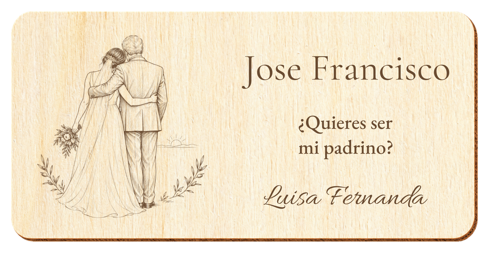 Simulação de placa para padrinho de casamento, gravada a laser em contraplacado, cena Antes do sim, Jose Francisco e Luisa Fernanda, figuras de costas sem rostos.