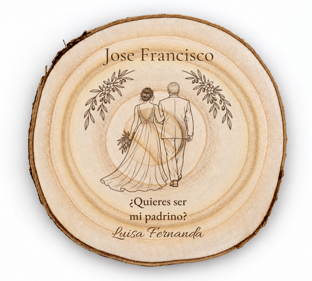 Simulação de placa para padrinho de casamento, gravada a laser em paulownia, cena Acompanhamento ao altar, Jose Francisco e Luisa Fernanda, figuras de costas sem rostos.