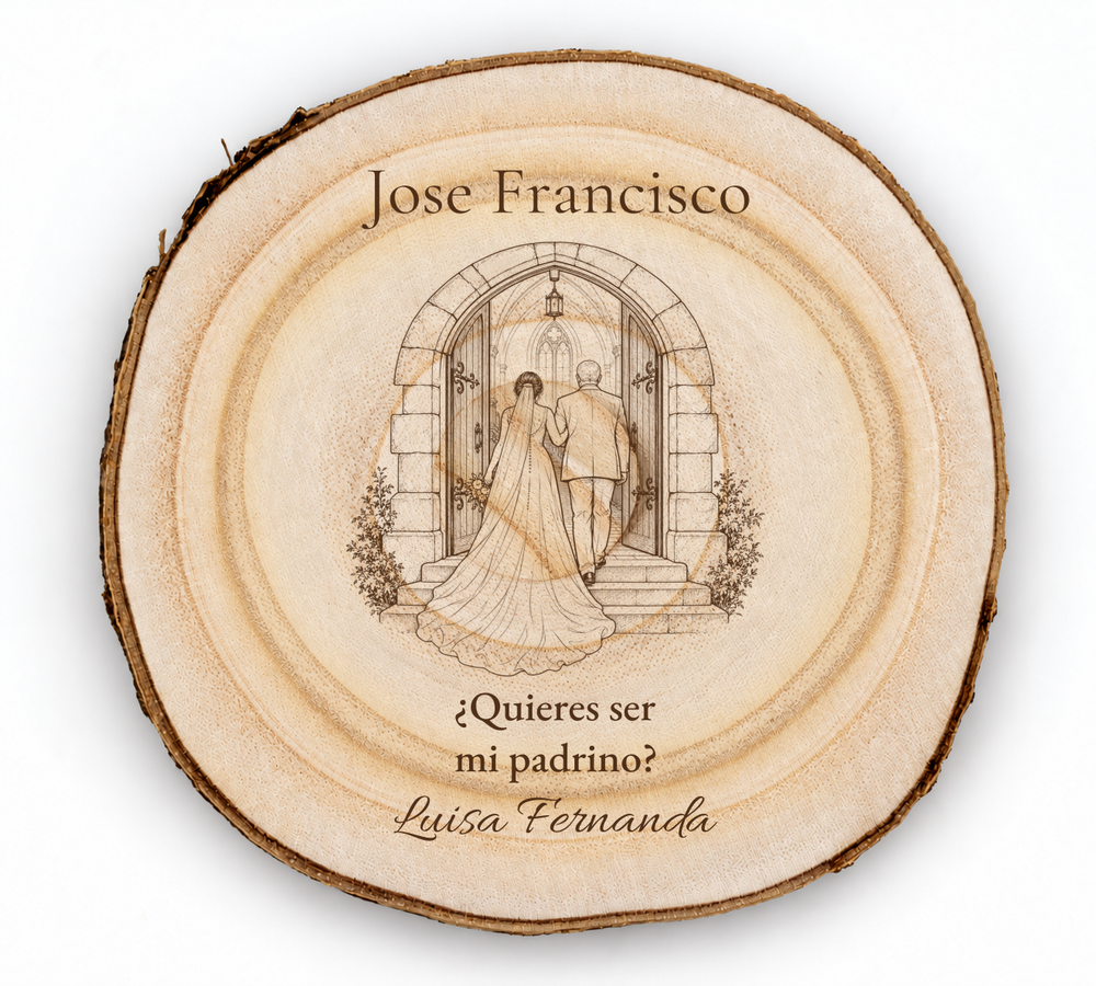 Simulação de placa para padrinho de casamento, gravada a laser em paulownia, cena Entrada na igreja, Jose Francisco e Luisa Fernanda, figuras de costas sem rostos.