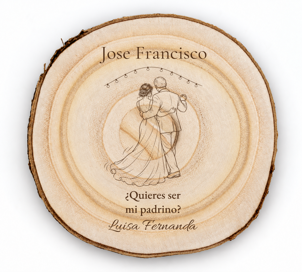 Simulação de placa para padrinho de casamento, gravada a laser em paulownia, cena A primeira dança, Jose Francisco e Luisa Fernanda, figuras de costas sem rostos.