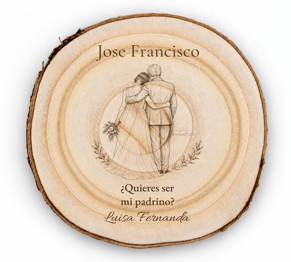 Simulação de placa para padrinho de casamento, gravada a laser em paulownia, cena Antes do sim, Jose Francisco e Luisa Fernanda, figuras de costas sem rostos.
