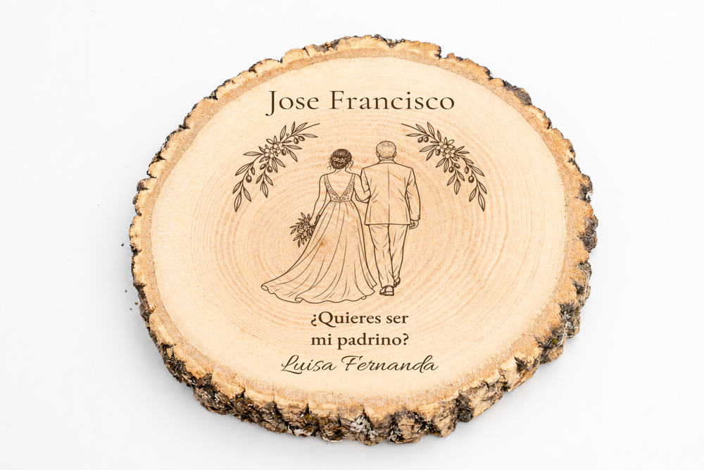 Simulação de placa para padrinho de casamento, gravada a laser em freixo, cena Acompanhamento ao altar, Jose Francisco e Luisa Fernanda, figuras de costas sem rostos.