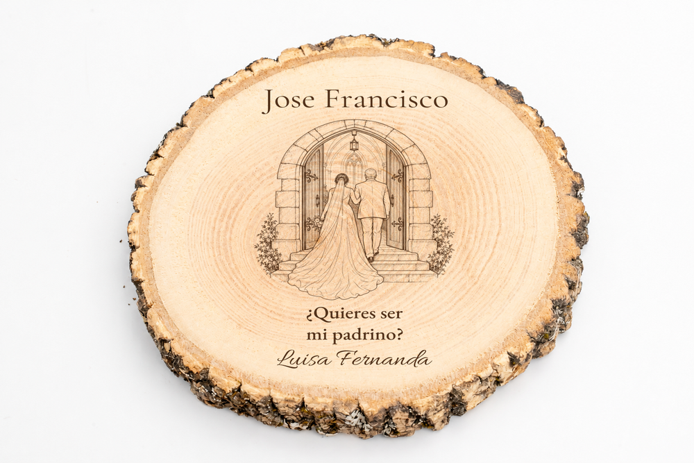 Simulação de placa para padrinho de casamento, gravada a laser em freixo, cena Entrada na igreja, Jose Francisco e Luisa Fernanda, figuras de costas sem rostos.