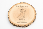 Simulação de placa para padrinho de casamento, gravada a laser em freixo, cena A primeira dança, Jose Francisco e Luisa Fernanda, figuras de costas sem rostos.