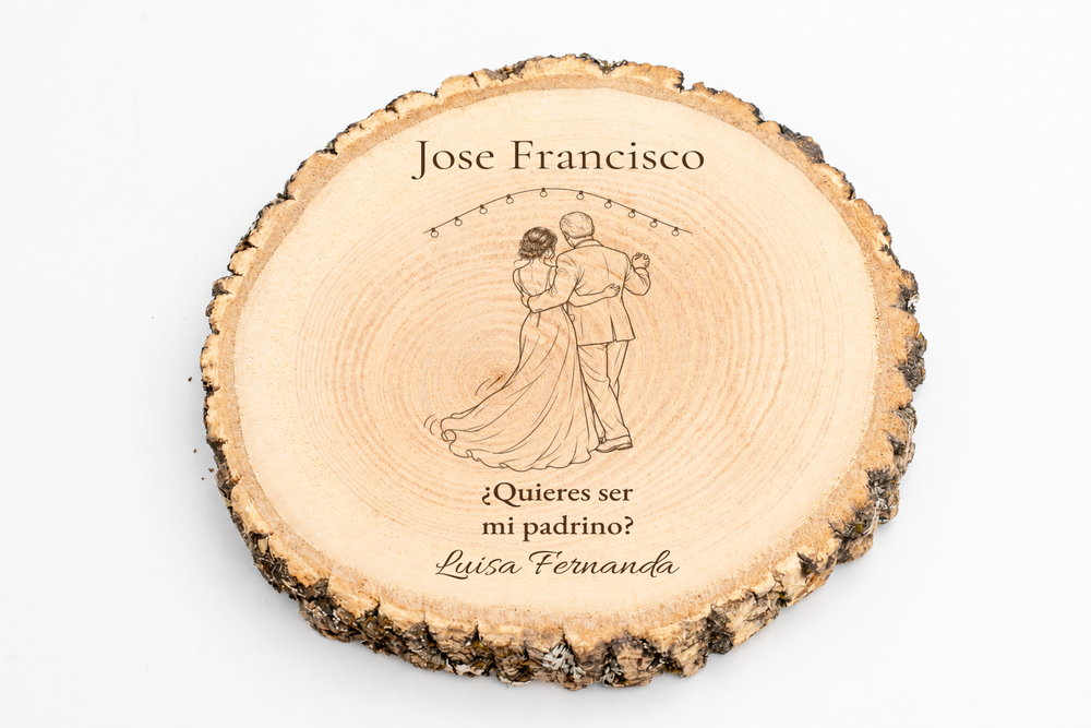 Simulação de placa para padrinho de casamento, gravada a laser em freixo, cena A primeira dança, Jose Francisco e Luisa Fernanda, figuras de costas sem rostos.