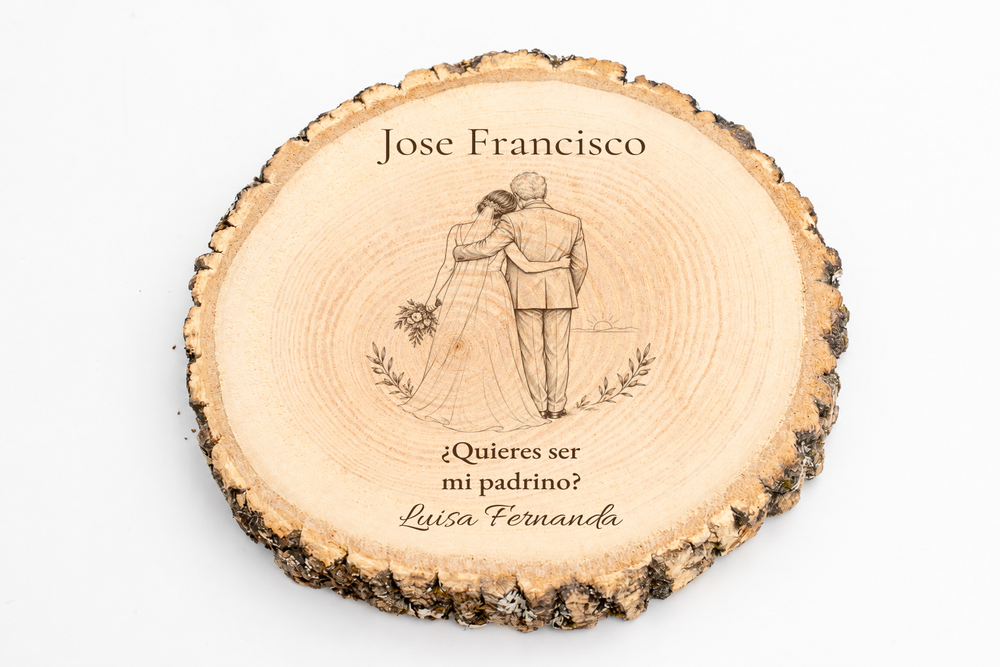 Simulação de placa para padrinho de casamento, gravada a laser em freixo, cena Antes do sim, Jose Francisco e Luisa Fernanda, figuras de costas sem rostos.