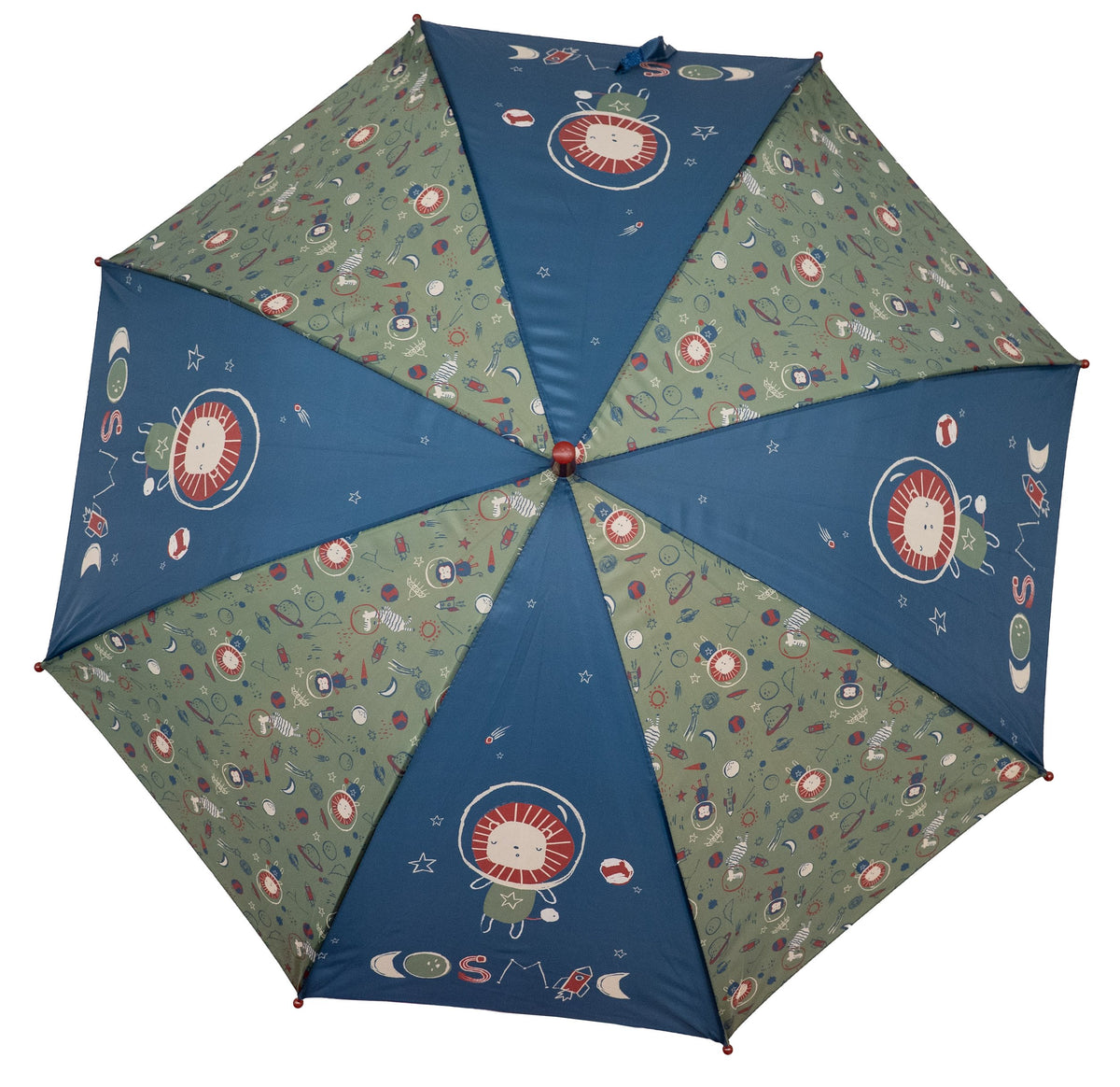 Guarda-chuva infantil aberto com padrão de leão astronauta e planetas