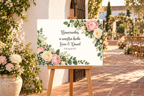 Placa de boas-vindas de casamento A3 a cores, modelo Rosas, com texto em espanhol, num cavalete num pátio.
