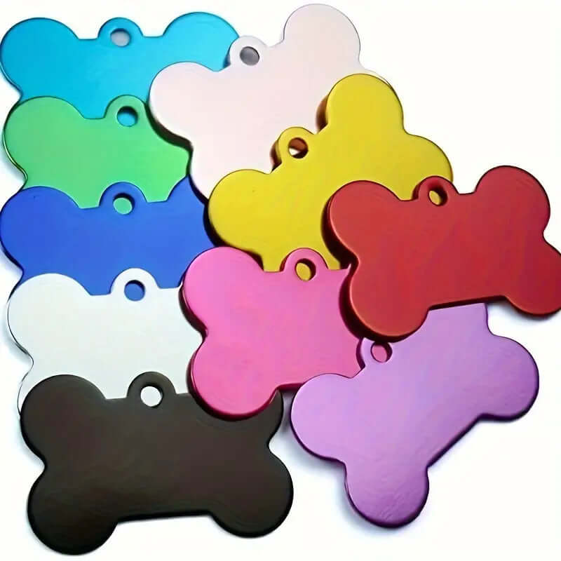 Variedad de chapas de aluminio anodizado en forma de hueso en colores azul, verde, rosa, amarillo, rojo y morado.