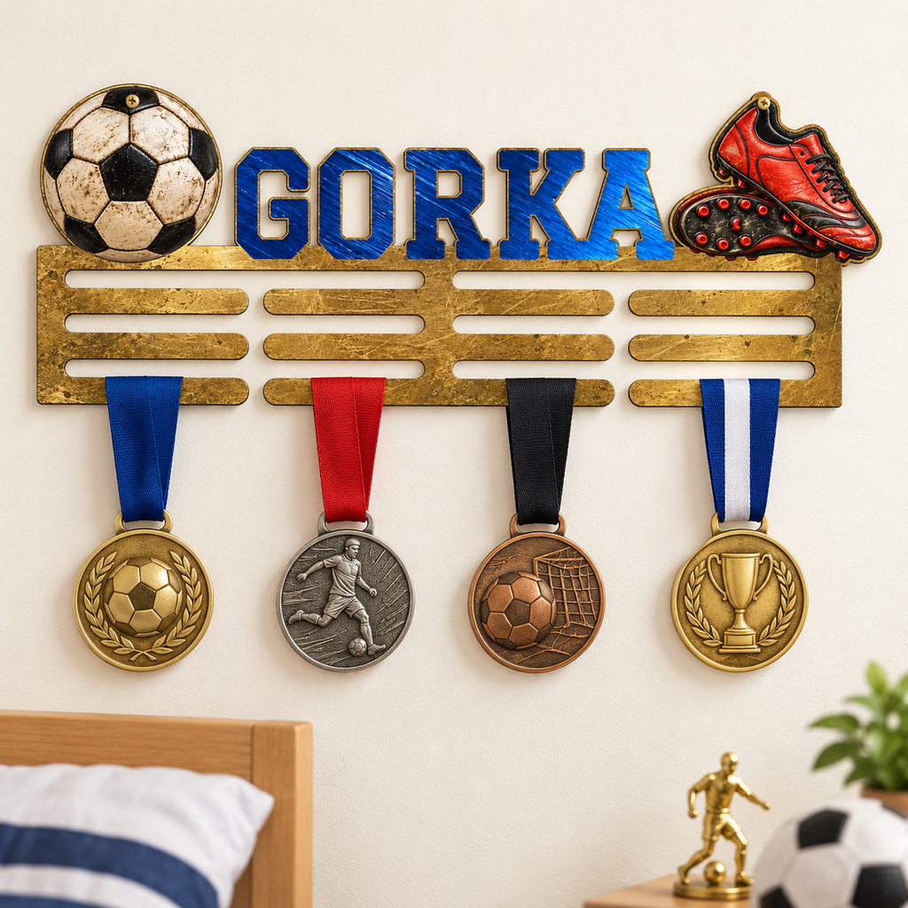 Simulação de um porta medalhas de futebol personalizado GORKA na parede com medalhas e nome azul