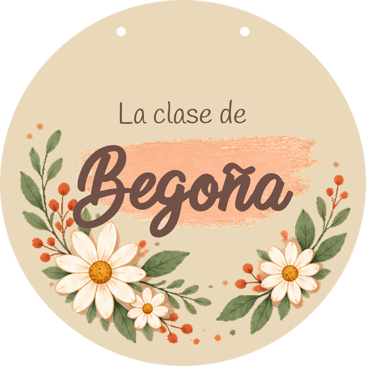 Exemplo de placa em forma de círculo: frente com o nome Begoña.