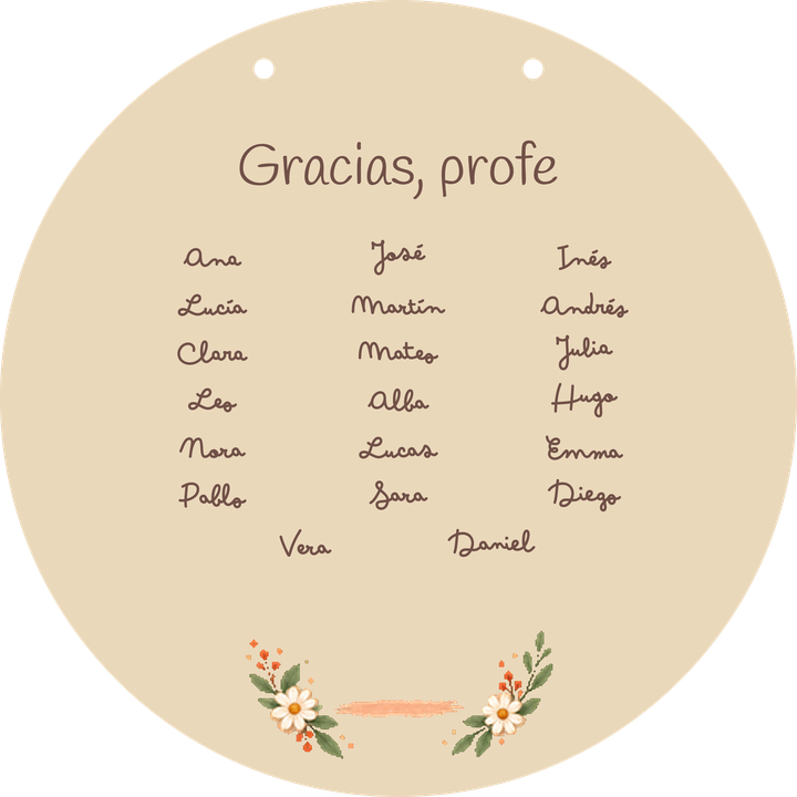 Exemplo de placa em forma de círculo: verso com nomes fictícios de alunos.