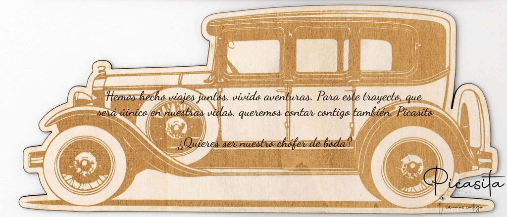 Cartel de madera con silueta de coche antiguo y mensaje de agradecimiento para chófer.