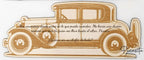Cartel de madera troquelado con forma de coche vintage y mensaje personalizado para conductor.