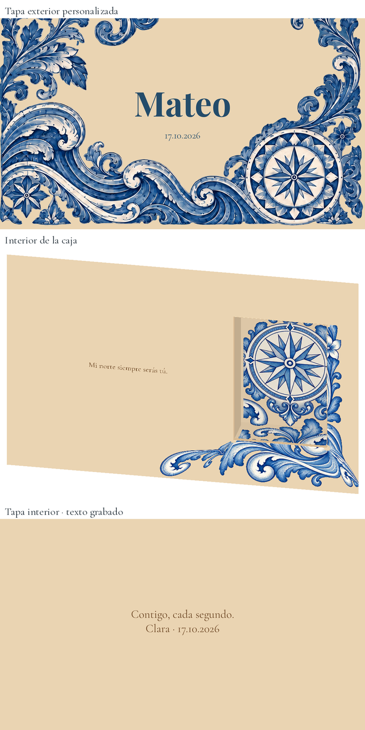 Vista digital: Caixa de relógio personalizada para o noivo — Rosa de los vientos. Caixa de madeira de 24 × 16 cm; relógio não incluído.