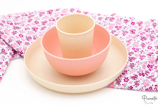Set Vajilla Infantil Personalizada (Plato, Bol, Vaso) 2 Beige + Rosa