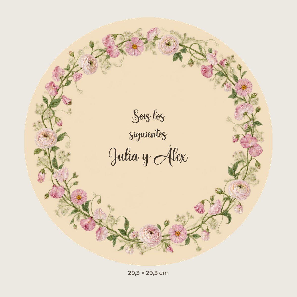 Pré-visualização digital: placa circular com flores rosa suave e texto «Sois los siguientes» para Julia e Álex, nomes de exemplo.