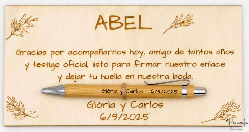 Placa de agradecimento gravada a laser para a testemunha Abel, com esferográfica de bambu