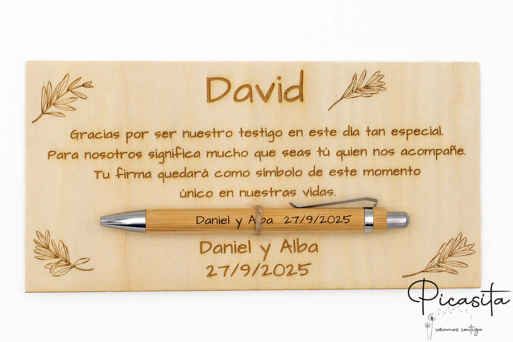 Placa de agradecimento gravada a laser para a testemunha David, com esferográfica de bambu