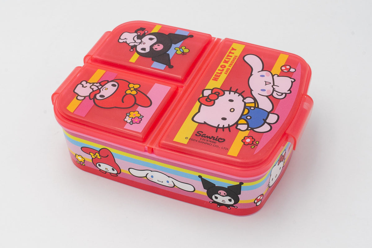 Lancheira vermelha translúcida da Sanrio com três compartimentos e desenhos da Hello Kitty e My Melody.