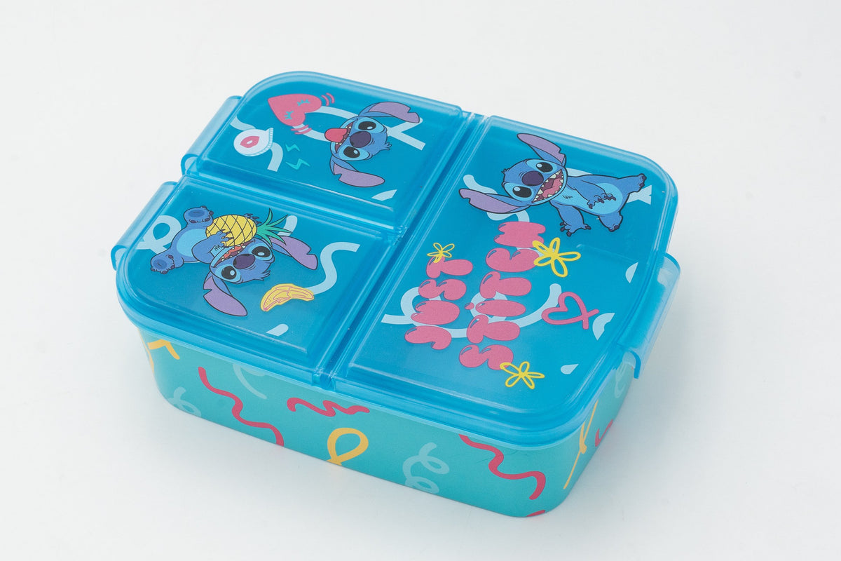 Lancheira infantil azul-turquesa do Stitch com três compartimentos independentes e tampas rebatíveis decoradas.