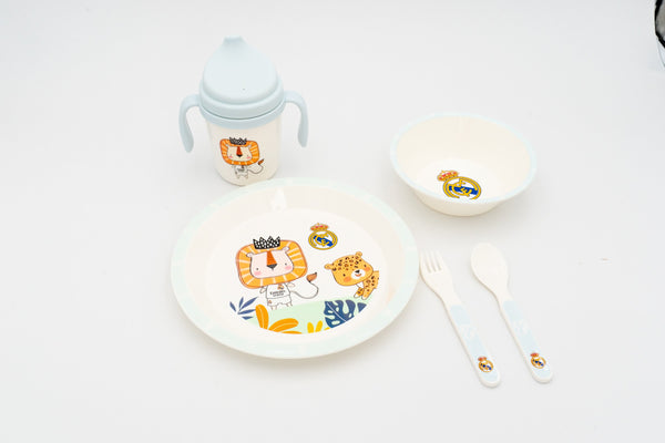 Conjunto completo de loiça infantil do Real Madrid em azul com motivos de leão.