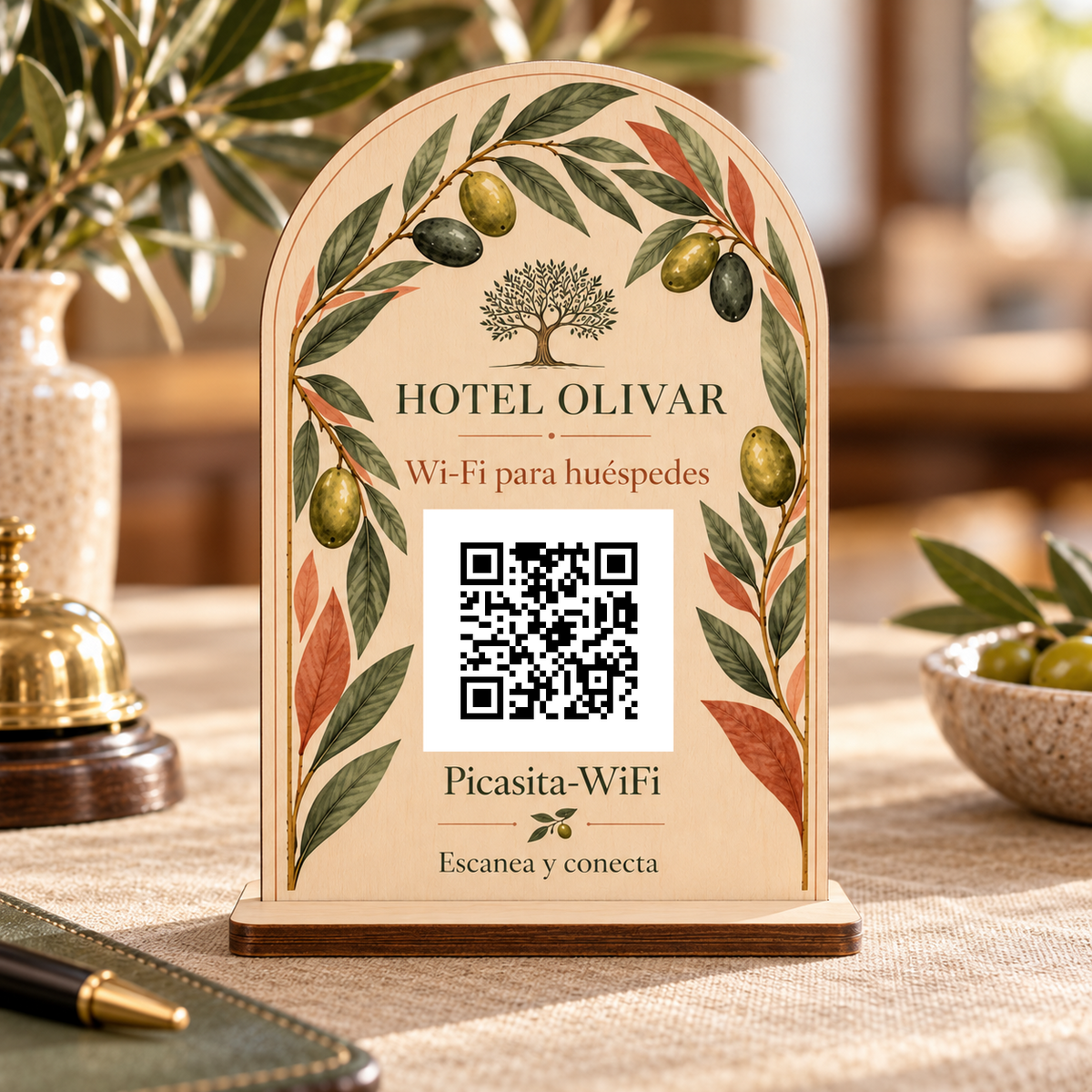 Simulação de Placa botânica com QR Wi-Fi · vista de pormenor